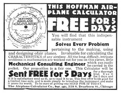 Ad for the Hoffman airplane calculator