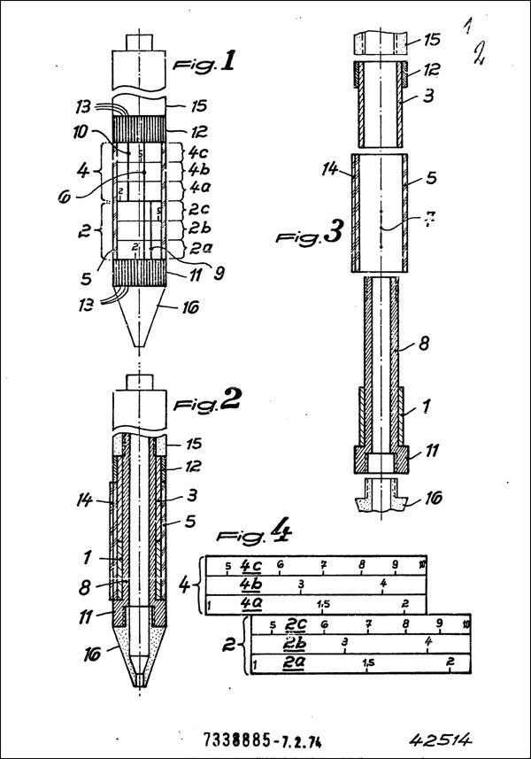 The drawings from Opdenhvels patent for a slide rule pen
