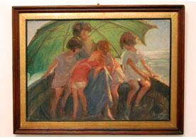 Oil painting of mother and children in a boat