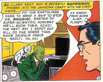 Superman and Brainiac in a panel from a 1950's comic